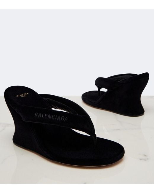 Balenciaga Black Gaeta Velvet Wedge Thong Sandals