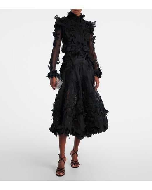 Zimmermann Black Hypnotic Applique Silk Organza Midi Dress