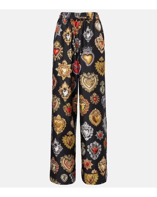 Dolce & Gabbana Multicolor Devotion Silk Twill Palazzo Pants