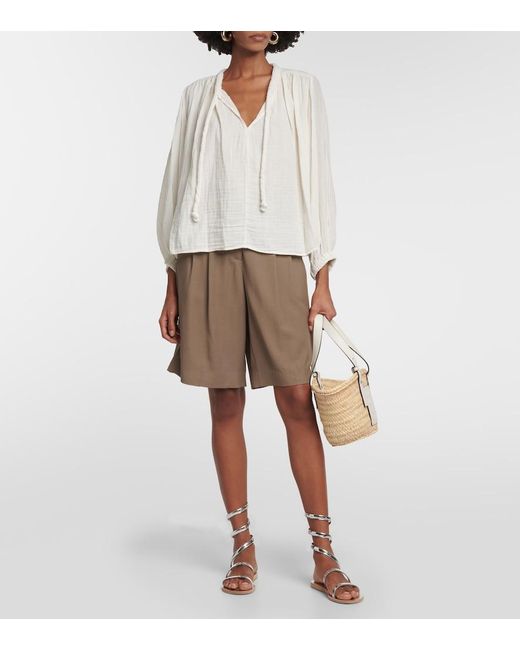Velvet White Tie-Neck Cotton Blouse Top