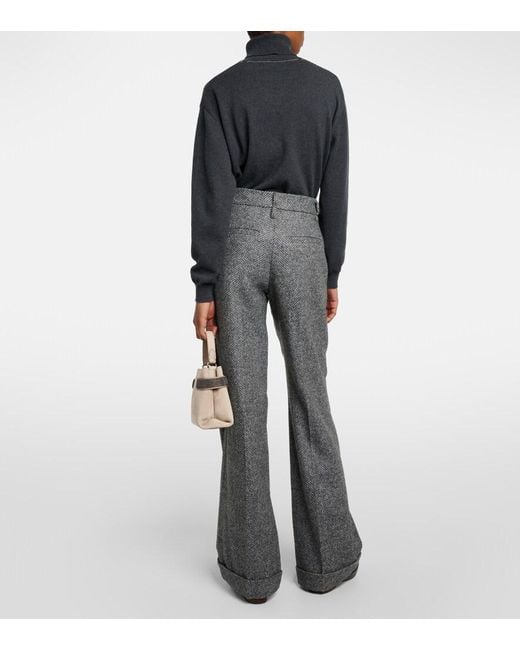 Brunello Cucinelli Gray Herringbone Wool-Blend Flared Pants