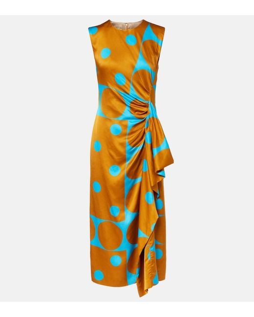 Dries Van Noten Orange Draped Printed Satin Midi Dress