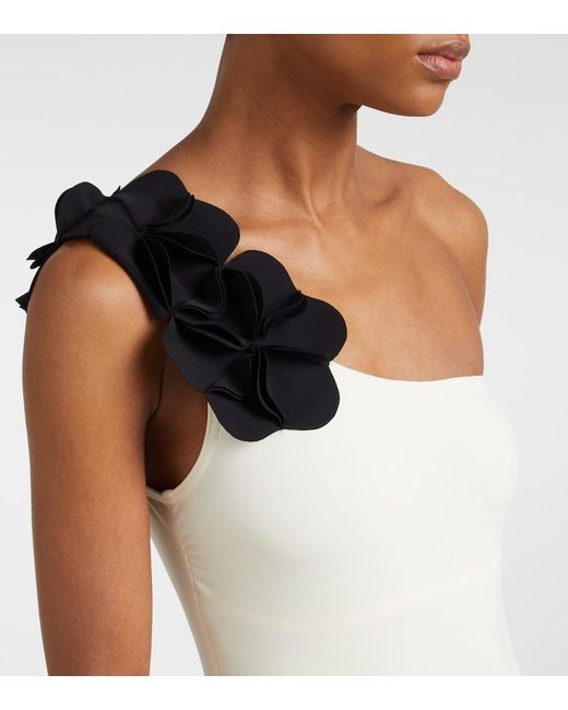 Karla Colletto White Tess Floral-Applique One-Shoulder Swimsuit