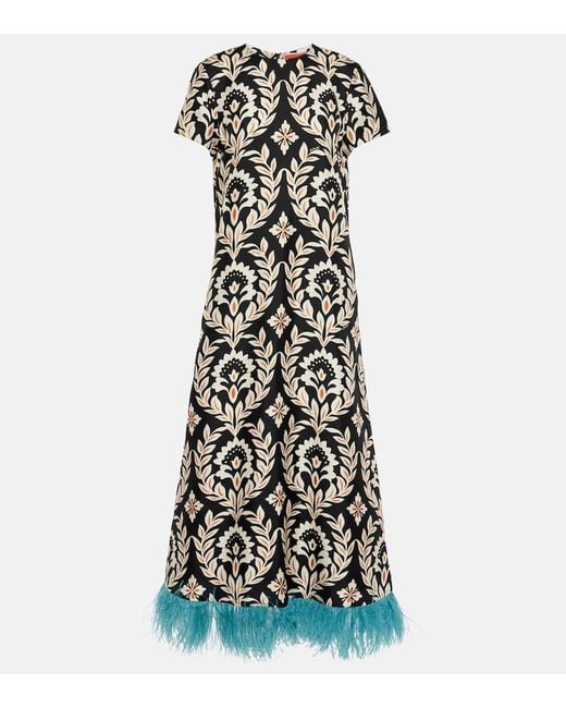 LaDoubleJ White Swing Feather-trimmed Printed Silk-twill Maxi Dress