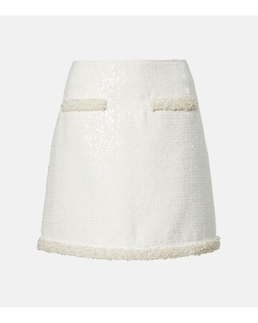 Self-Portrait White Faux Pearl-Trimmed Boucle Miniskirt