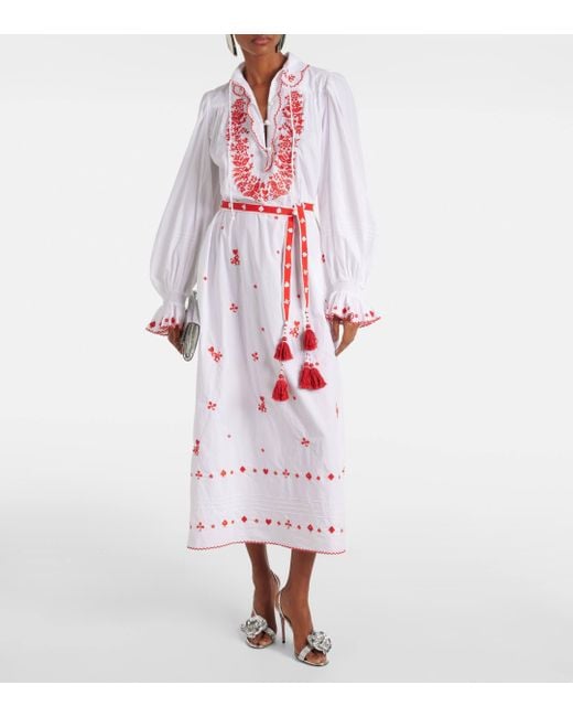 ALÉMAIS White Hearts Embroidered Cotton Midi Dress
