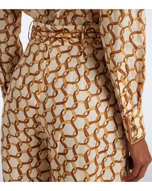 Zimmermann Metallic Belted Printed Linen Wide-Leg Pants