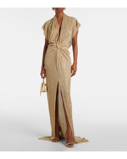 Costarellos Natural Metallic Lame Eva Draped Gown