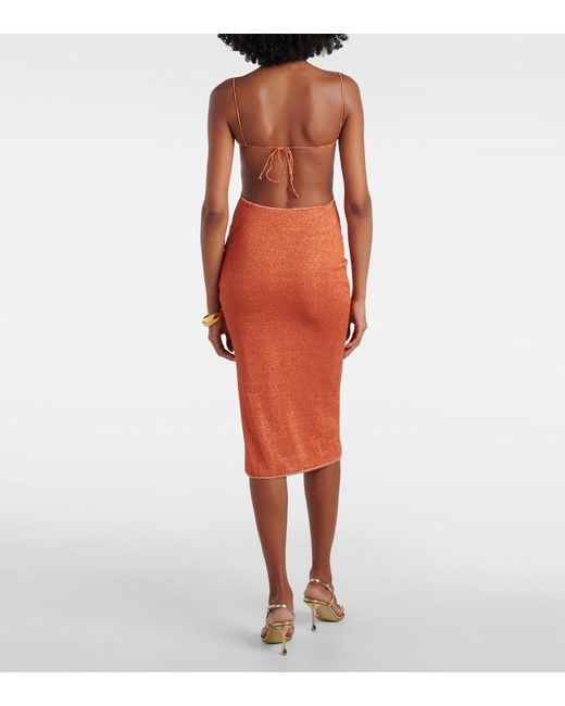 Oseree Orange Lumiere Open-Back Midi Dress