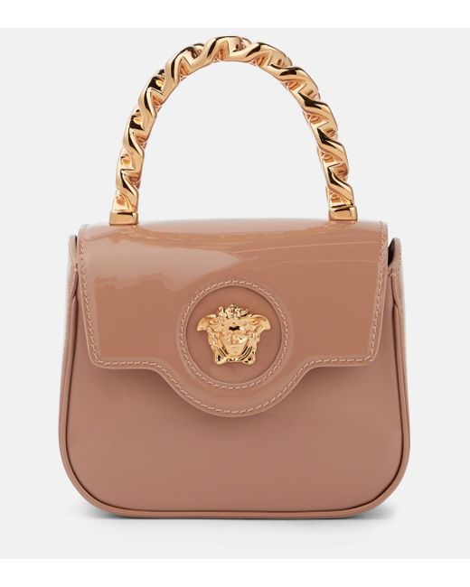 Versace Brown La Medusa Mini Patent Leather Tote Bag