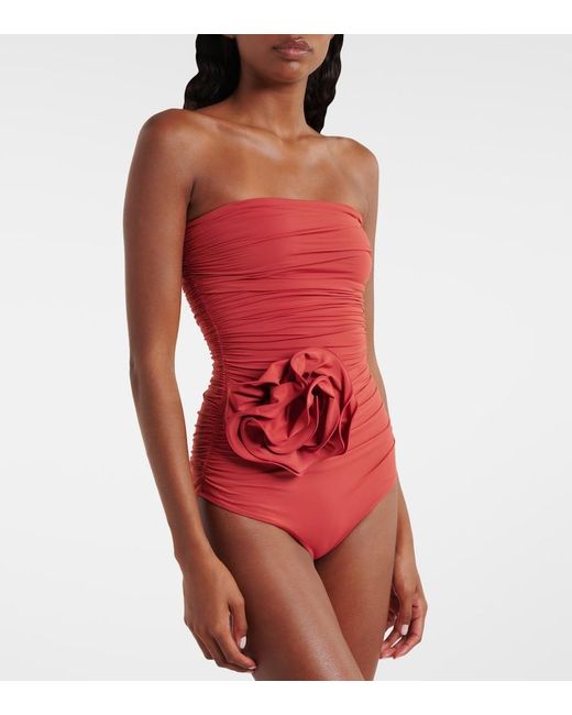 Magda Butrym Red Floral-Applique Ruched Swimsuit