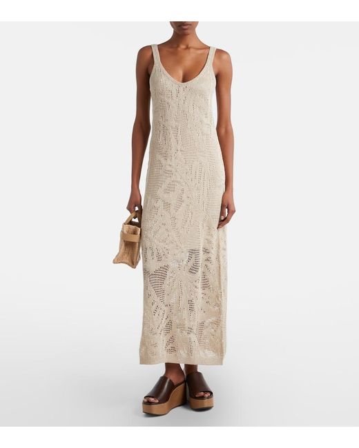 Brunello Cucinelli Natural Dazzling Water Lillies Knitted Midi Dress