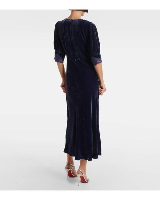 Rixo Blue Simone Lace-Trimmed Velvet Maxi Dress