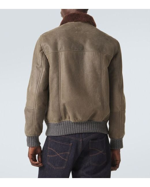 Brunello Cucinelli Green Shearling-Lined Leather Blouson Jacket for men