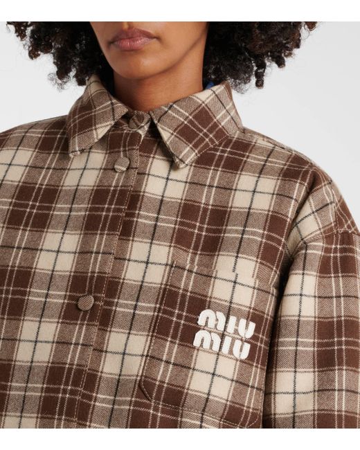 Miu Miu Brown Logo Checked Wool Down Jacket