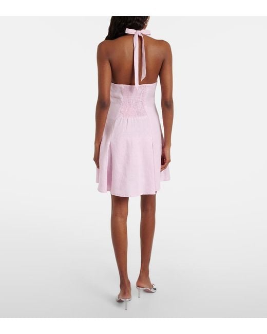 Faithfull The Brand Pink Murano Halterneck Linen Minidress