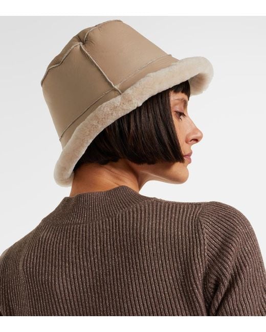 Brunello Cucinelli Natural Shearling-Trimmed Leather Boater Hat