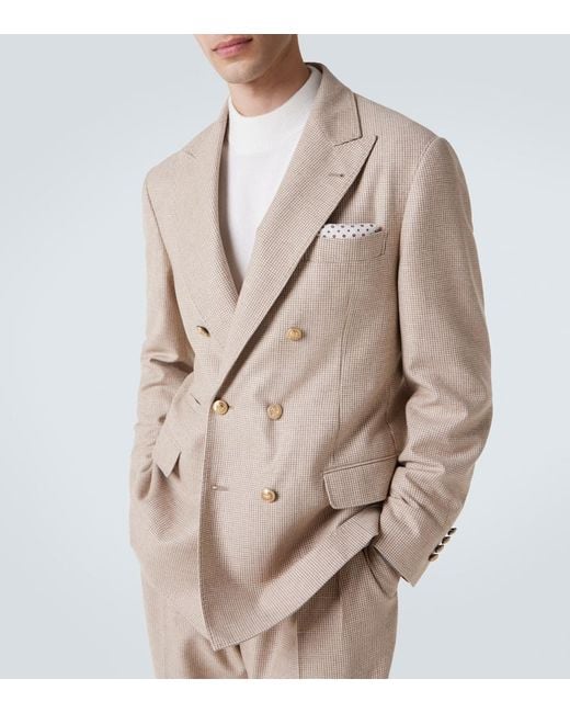 Brunello Cucinelli Natural Houndstooth Cashmere And Silk Suit Jacket for men