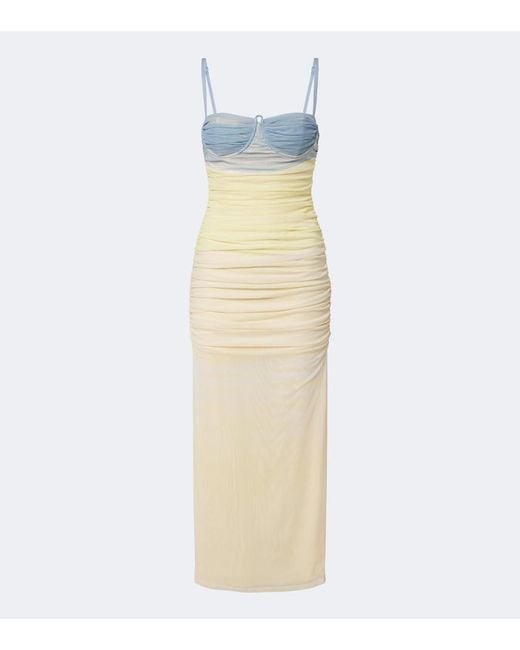 Sir White Printed Ruched Mesh Maxi Dress