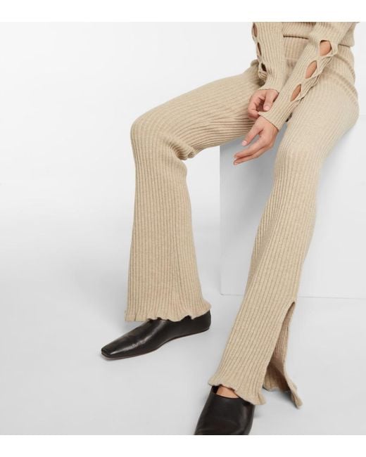 Victoria Beckham Natural Ribbed-Knit Wool-Blend Flared Pants