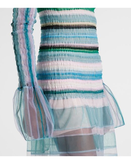 SUSAN FANG Blue Striped Sheer Midi Dress