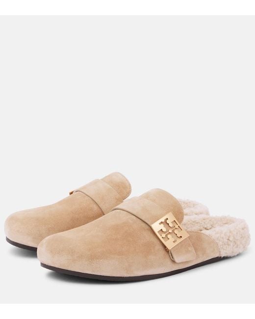 Tory Burch Natural Mellow Shearling-Lined Suede Mules