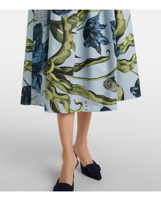 Erdem Blue Floral Cotton Poplin Midi Skirt