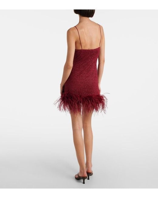 Oseree Red Lumiere Feather-Trimmed Minidress