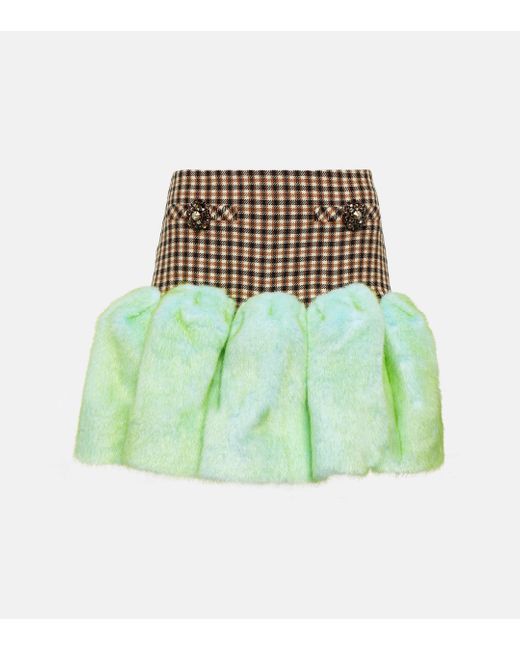 Area Green Faux Fur-trimmed Miniskirt