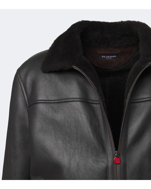 Kiton Black Shearling-Trimmed Leather Bomber Jacket for men