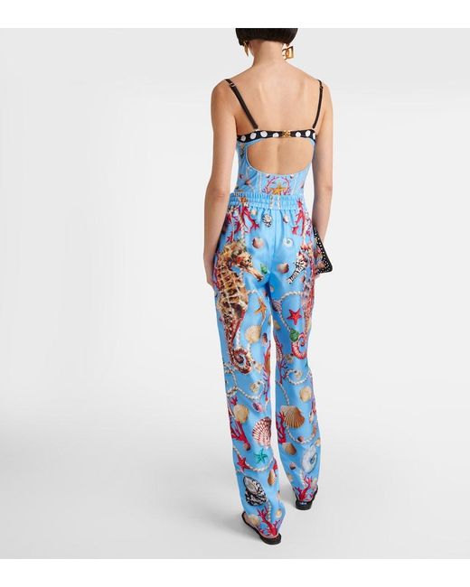 Dolce & Gabbana Blue Bedruckte Gerade Hose Capri Aus Seide