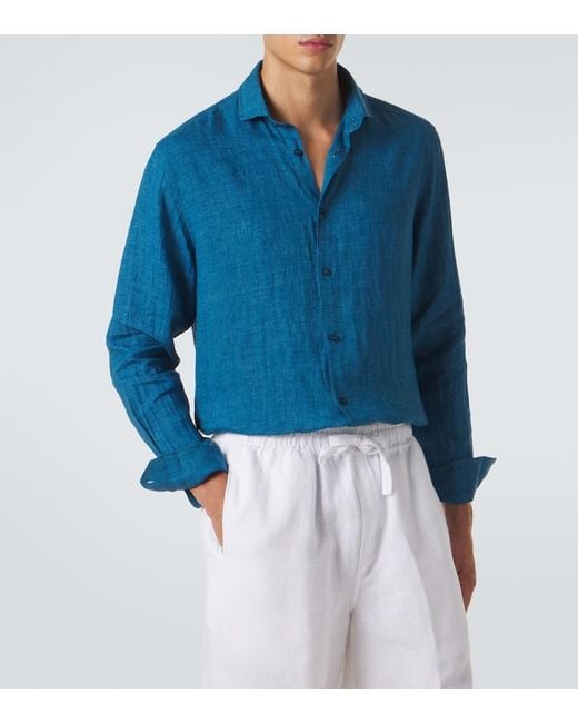 Frescobol Carioca Blue Antonio Linen Shirt for men