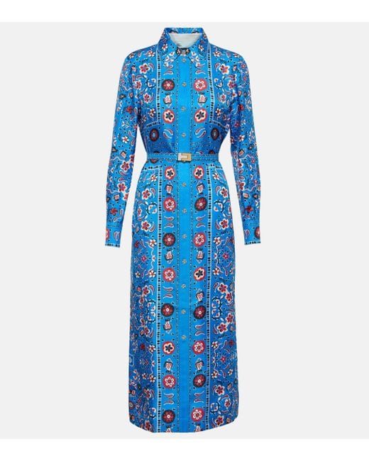 Tory Burch Blue Printed Silk Midi Dress