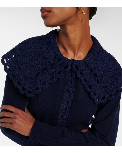 Erdem Blue Crochet-Trimmed Wool-Blend Cardigan