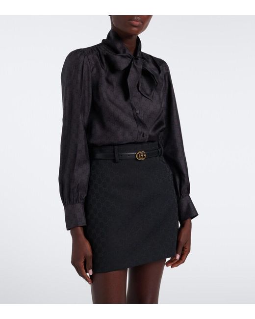 Gucci Black Gg Tie-Neck Silk Twill Blouse