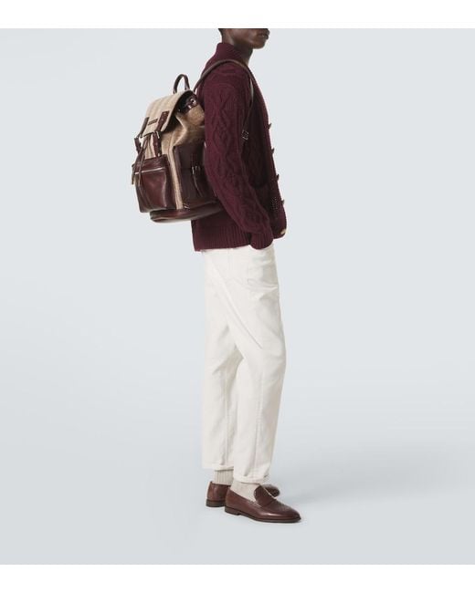 Brunello Cucinelli Brown Herringbone Leather-Trimmed Backpack for men