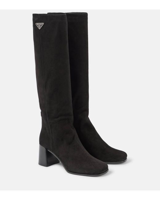 Prada Logo Suede Knee High Boots in Black Lyst UK