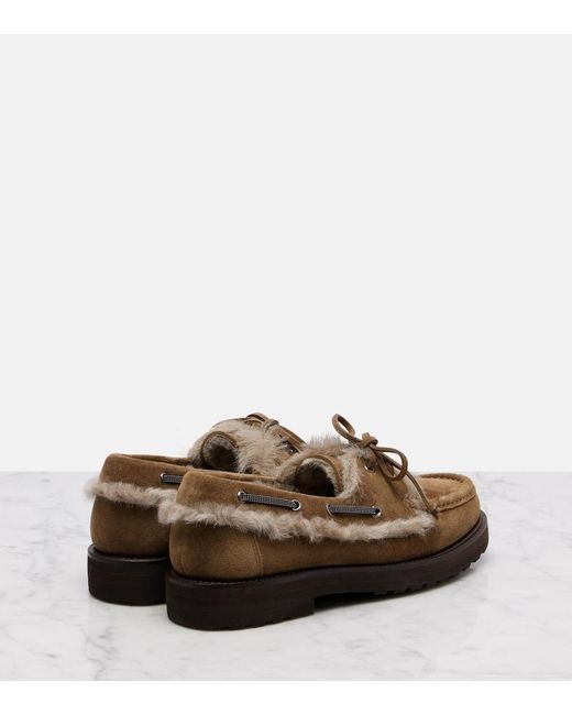 Brunello Cucinelli Brown Shearling-Lined Suede Boat Shoes