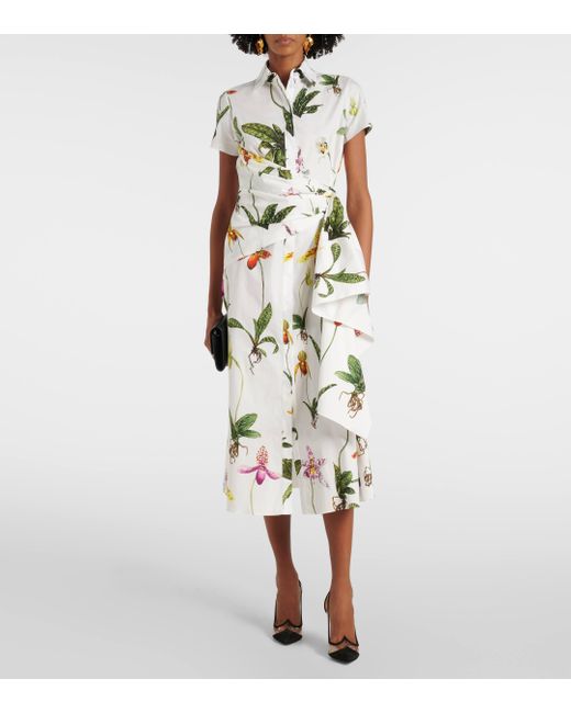 Oscar de la Renta White Orchid Gathered Poplin Midi Dress