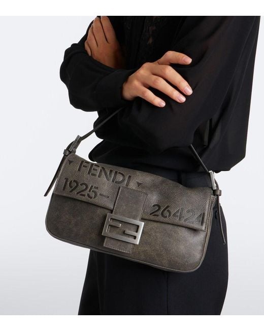 Fendi Black Baguette Biker Small Leather Shoulder Bag