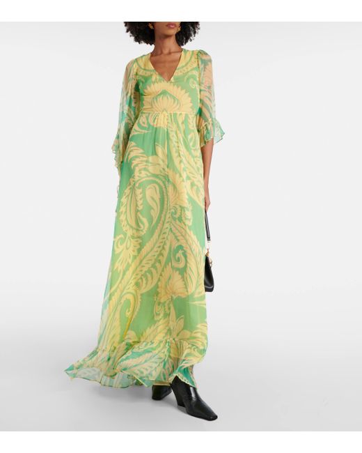 Etro Green Printed Ruffled Silk Maxi Dress
