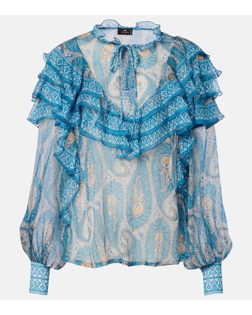 Etro Blue Paisley Ruffled Silk Blouse