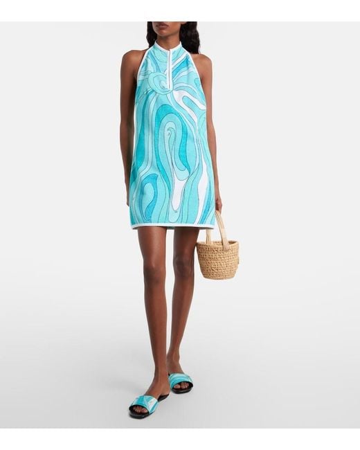 Emilio Pucci Blue Iride Halterneck Cotton Terry Minidress