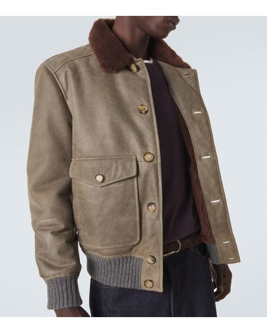 Brunello Cucinelli Green Shearling-Lined Leather Blouson Jacket for men