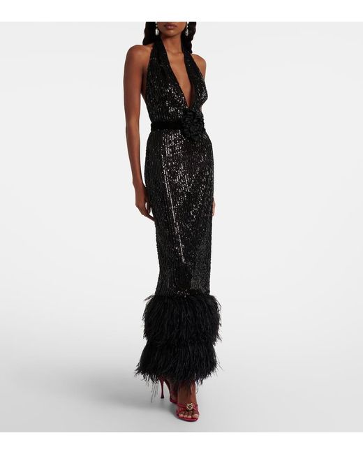 Dolce & Gabbana Black Feather-Trimmed Sequined Sheer Gown