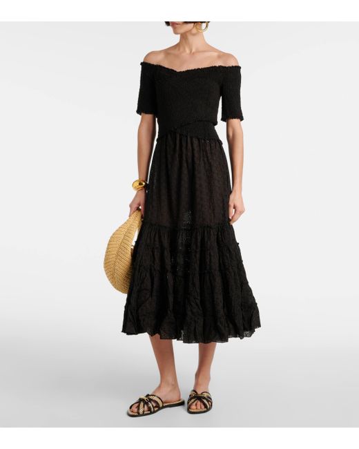 Poupette Black Soledad Smocked Cotton Midi Dress