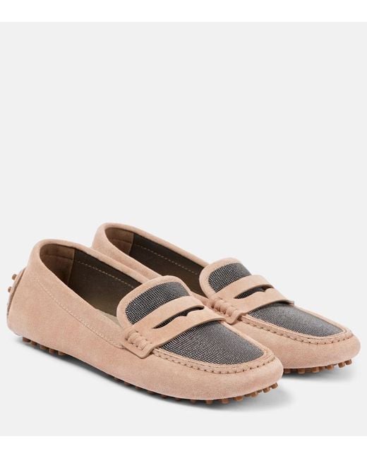 Brunello Cucinelli Pink Mokassins Monili Aus Veloursleder