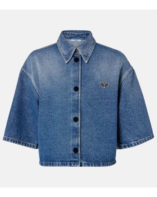 Prada Blue Logo Cropped Denim Shirt