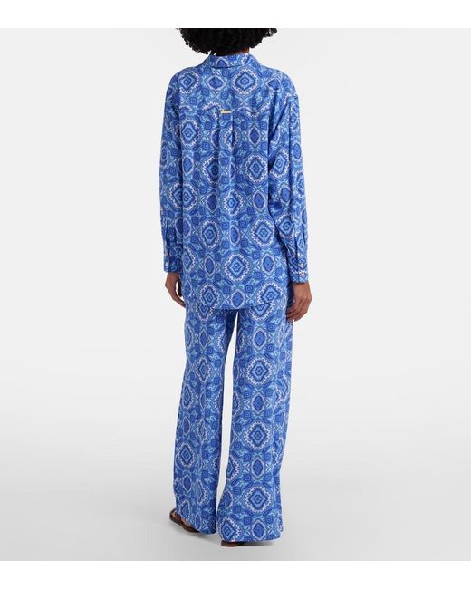 Heidi Klein Blue Mykonos Printed Silk Wide-Leg Pants