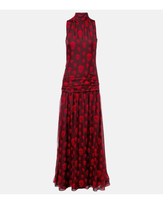 McQueen Red Skull Silk Maxi Dress